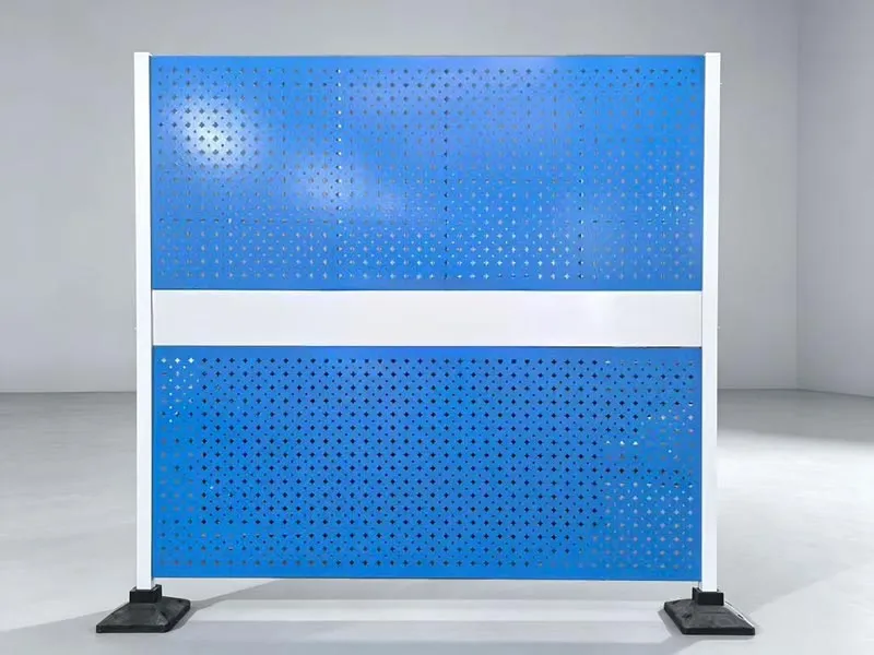 Blue perforated screen with white posts, 1800 x 1500 mm