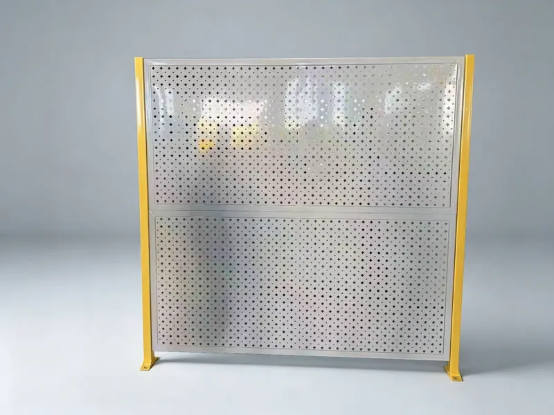 Silver perforated panel with yellow posts, 1600 x 1200 mm
